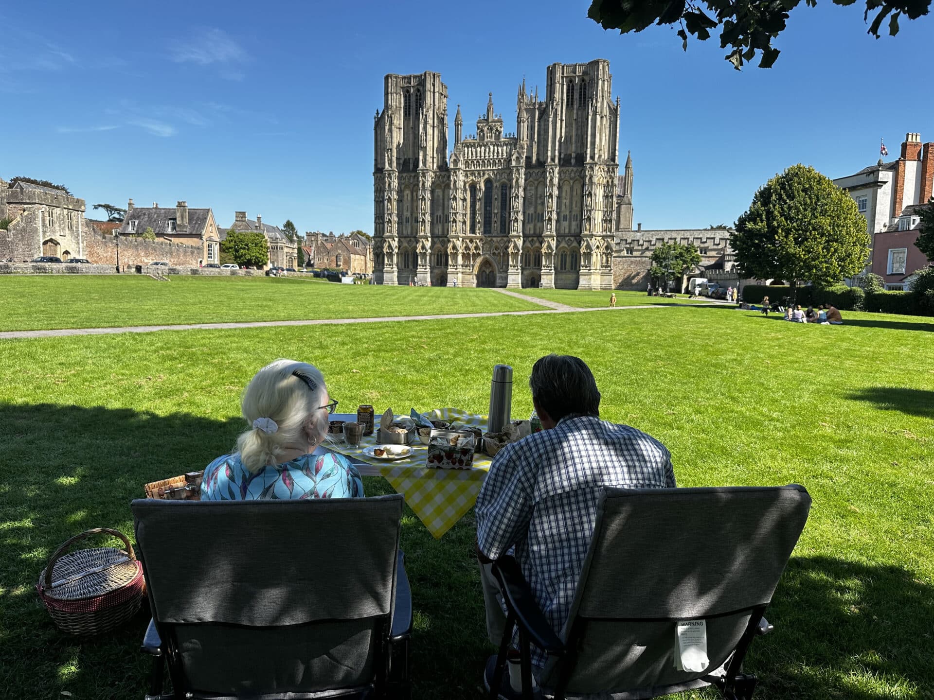 photo of guests enjoying a picnic overlooking Wells Cathedral