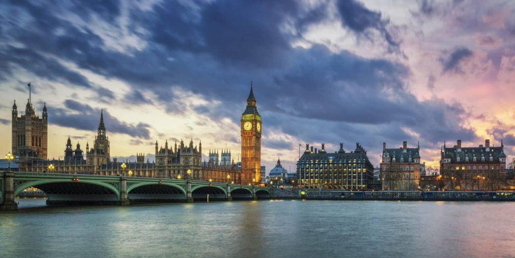 Panoramic view of Big Ben in London at sunset