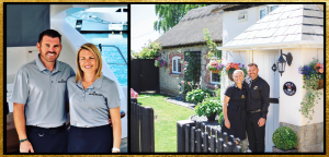Collage Nathan and Laura on a yacht and outside Well Cottage