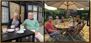 collage showing English Cottage Vacation guests dining outdoors
