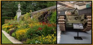 collage showing a garden in bloom and a WWII tank at the Tank Museum in Dorset