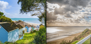 collage of Alum Chine beach in Bournemouth showing beach huts and the golden sands