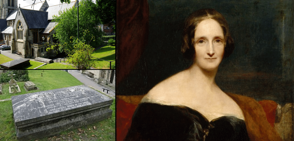 collage showing Frankenstein author Mary Shelley and her final resting place collage showing Frankenstein author Mary Shelley and her final resting place