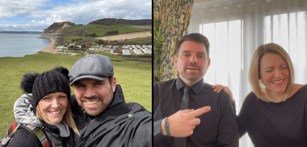 collage showing Laura and Nathan on a coastal hike and having a laugh together collage showing Laura & Nathan on a coastal hike and having a laugh together