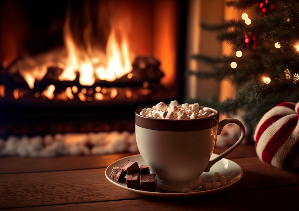 photo of hot choc by open fire and festive decorations photo of hot choc by open fire and festive decorations