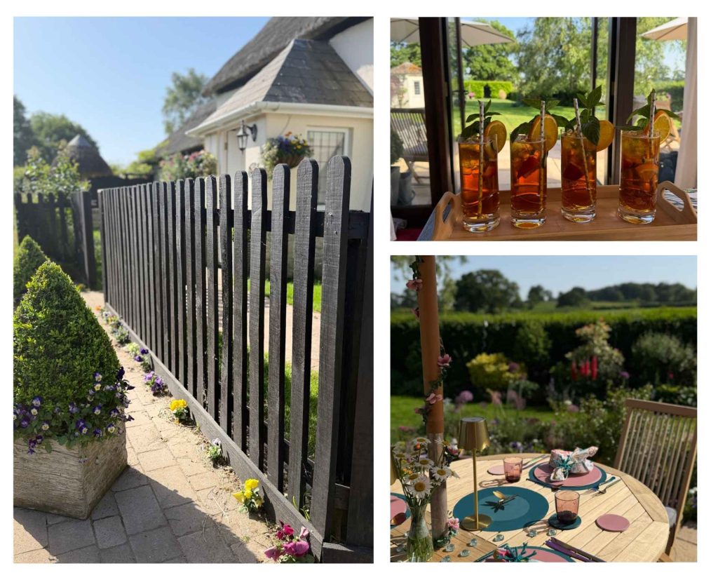 collage showing Well Cottage, Pimms cup and dining outside in the garden