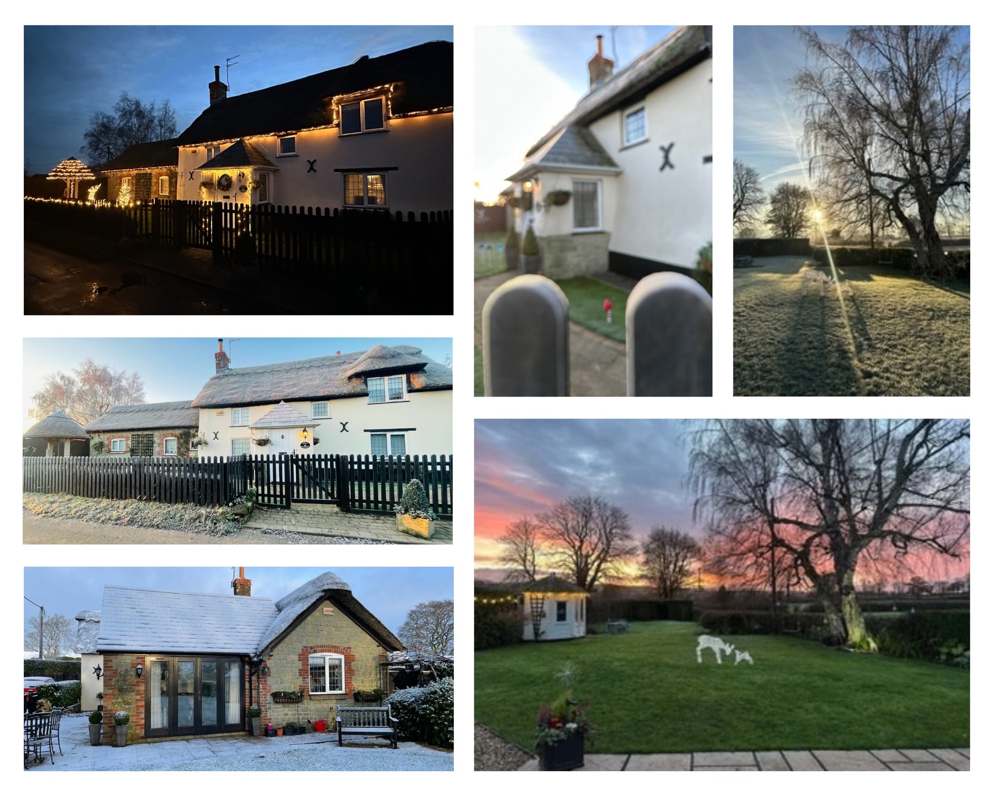 A collage of Well Cottage with Christmas lights, snowy thatched roofs, frosty gardens and a winter sunset