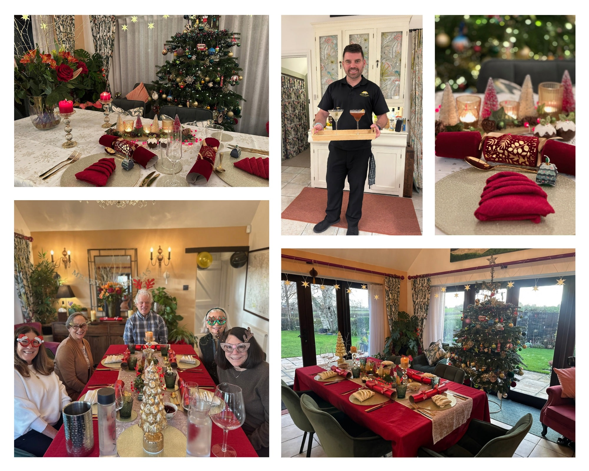 A collage of Christmas table settings, Nathan serving drinks and guests enjoying a festive meal at Well Cottage