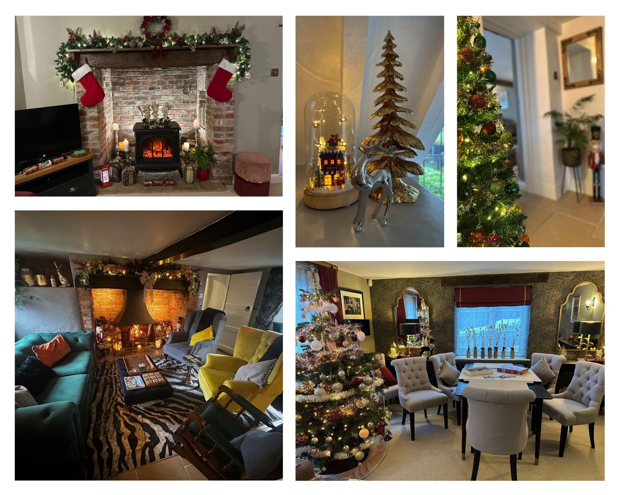A collage of decorated fireplaces, Christmas trees and cosy sitting rooms at Well Cottage