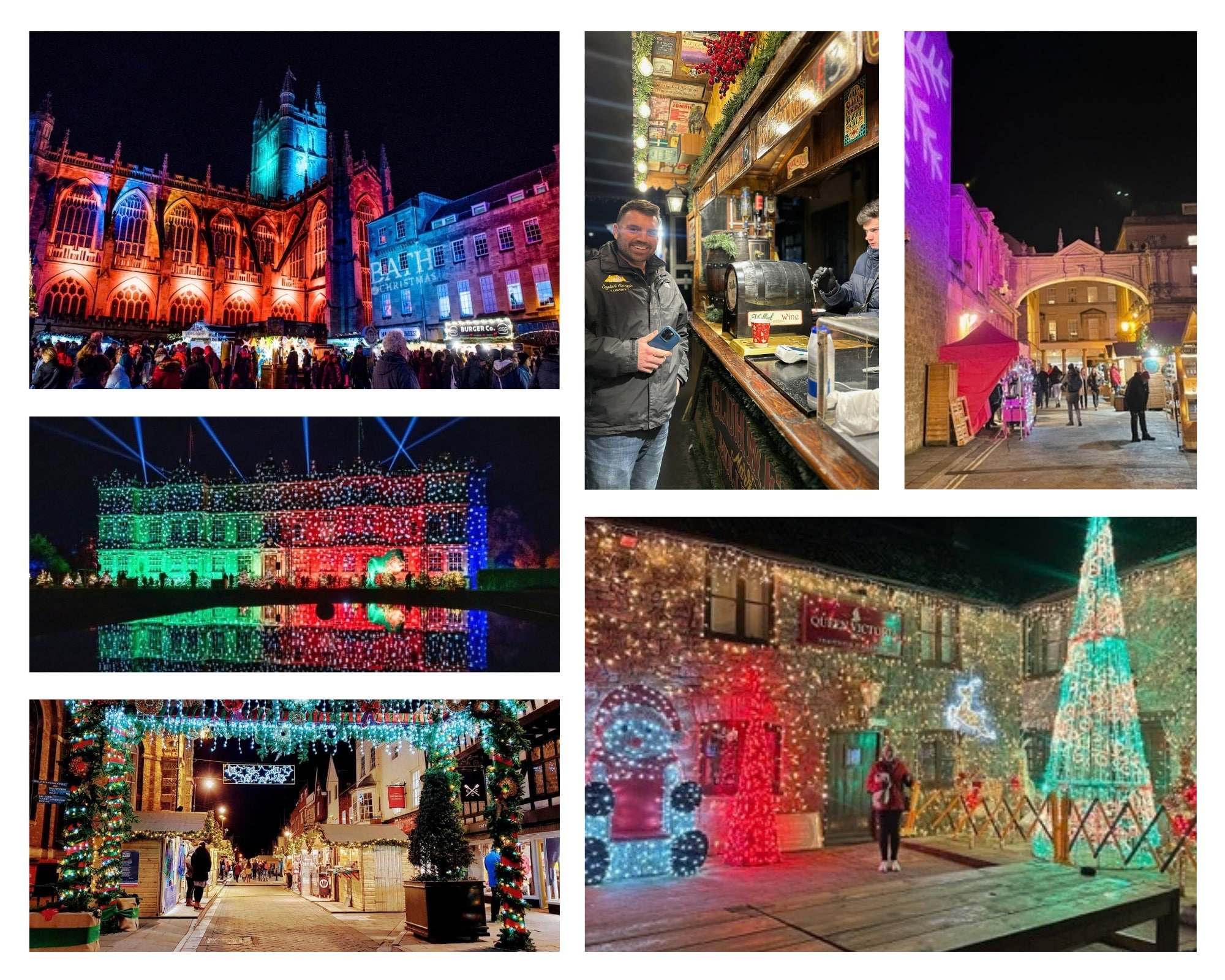 A collage of illuminated historic buildings, Christmas markets, festive streets and mulled wine
